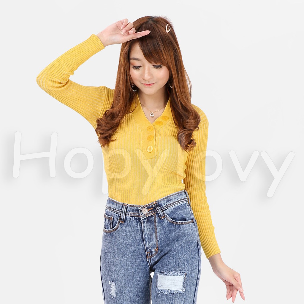 HOPYLOVY - Atasan Wanita Kerah V Rajut Yoana Knit Buttons