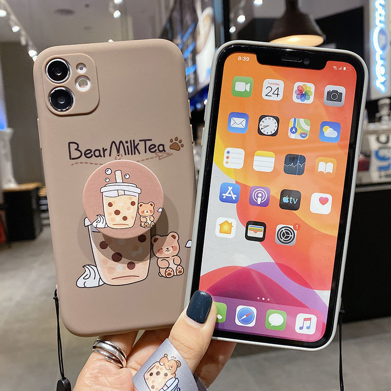 Casing Soft Case Silikon Motif Print Kartun Milk Tea / Milk Tea Dengan Bracket Untuk IPhone Wss7