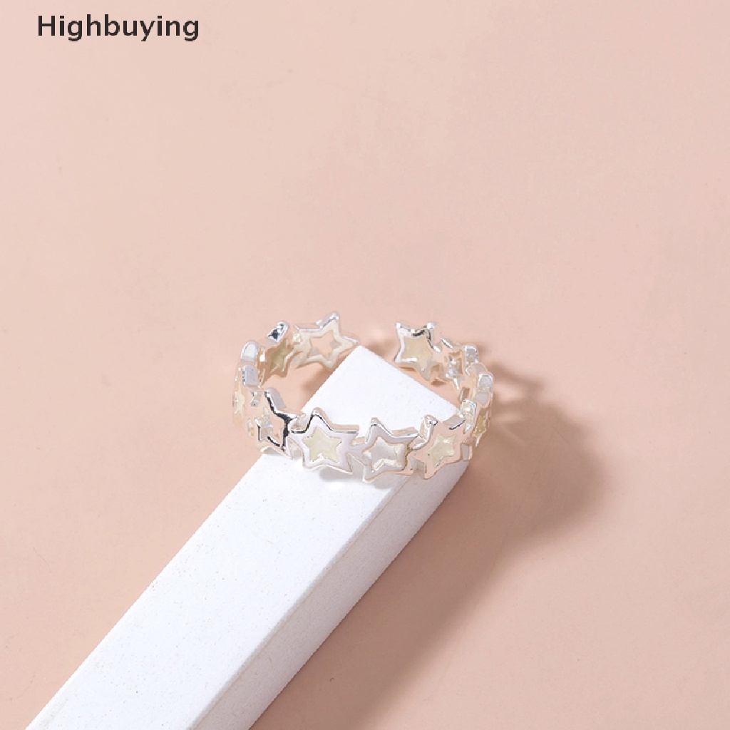 Hbid Cincin Adjustable Desain Bintang Hollow Luminous Glow In The Dark Warna Silver Untuk Wanita