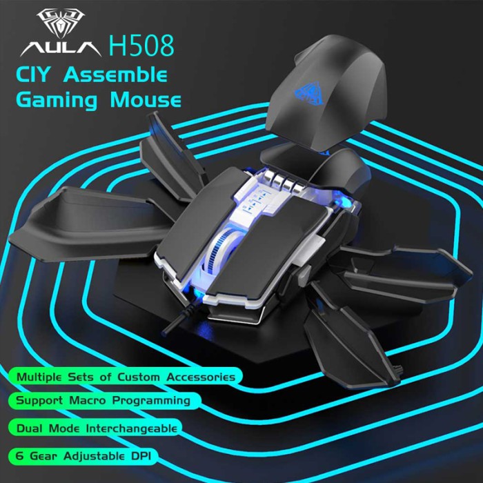 Mouse Gaming AULA H-508 Magnetic -Macro-RGB 4Color-6400DPI-7Buttons