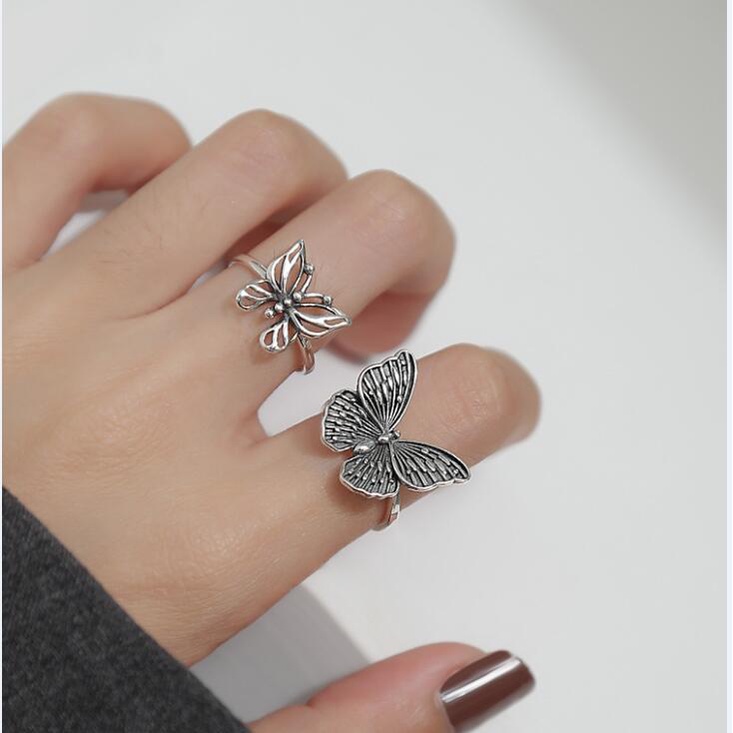 2pcs Cincin Model Butterfly Hollow Tiga Dimensi Gaya Retro Untuk Wanita