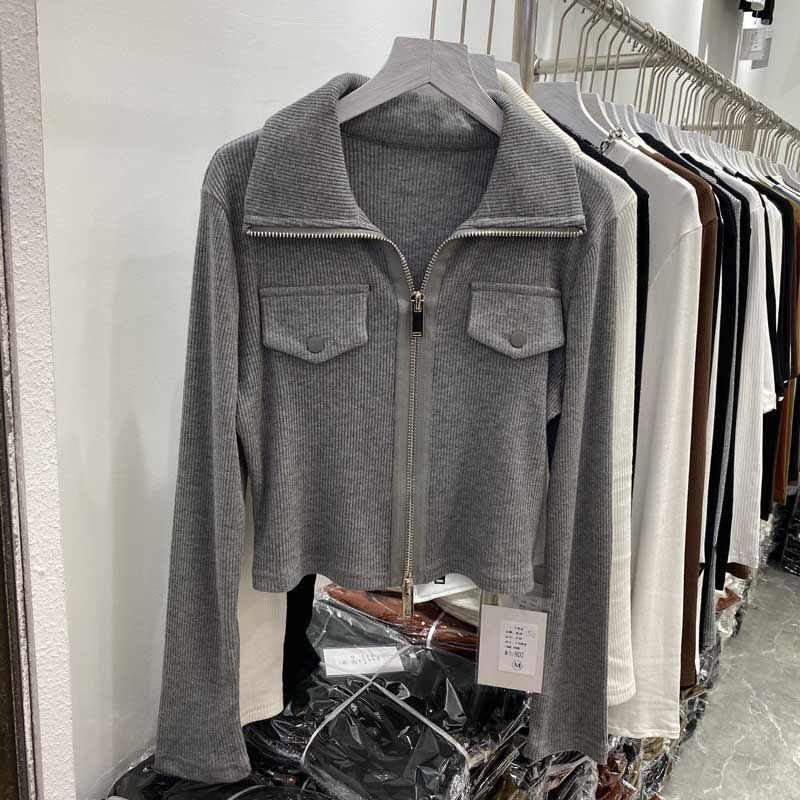 Suhao American Top Lapel T-Shirt Lengan Panjang Wanita Musim Dingin Cardigan Slim Fit Bottoming Top