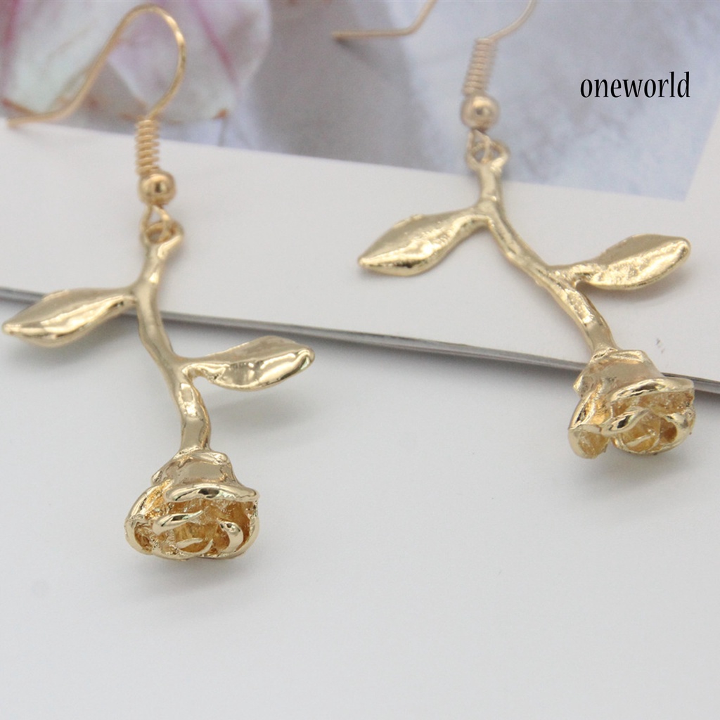 OW# Vintage Rose Flower Leaf Dangle Hook Earrings Leaf Ear Stud  for Women Girl