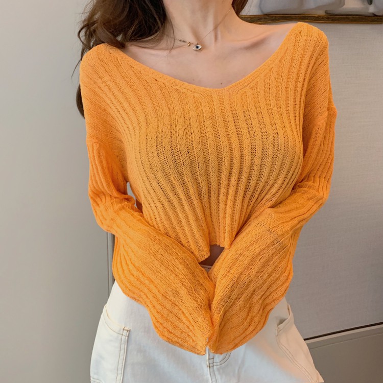 Baru Warna Solid Longgar Lengan Panjang Off-Shoulder Top Tipis Micro Transparan Sweater untuk Wanita