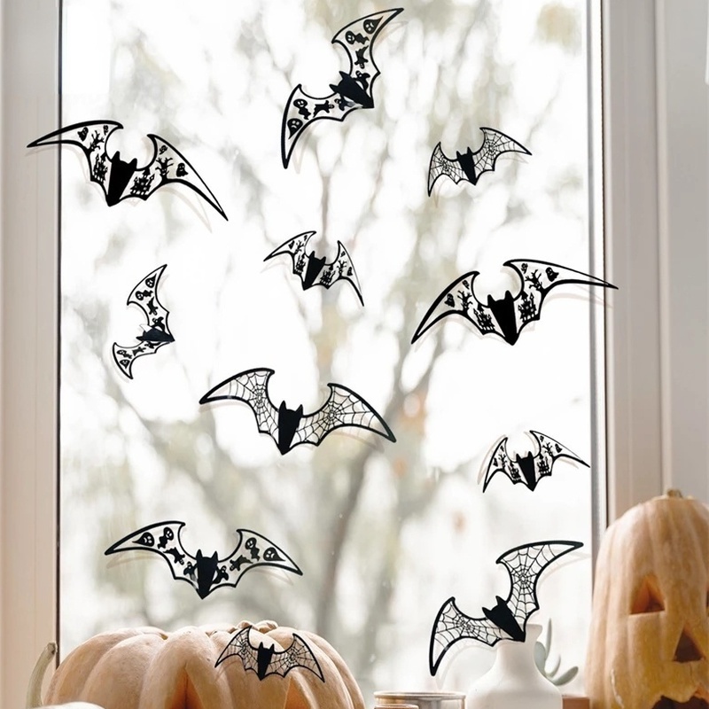 12 Pcs / Set Stiker Dinding 3D Model Kelelawar Hollow Warna Hitam Untuk Dekorasi Halloween