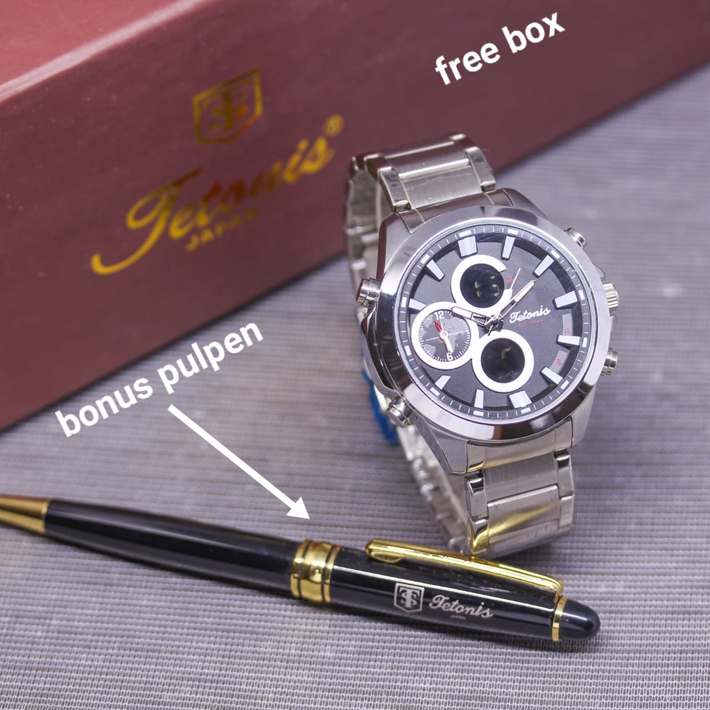 Jam Tangan Pria Tetonis Original E61852V Dual Time Tali Rantai Tanggal Hari Aktif Free Box Exclusive Pulpen &amp; Baterai