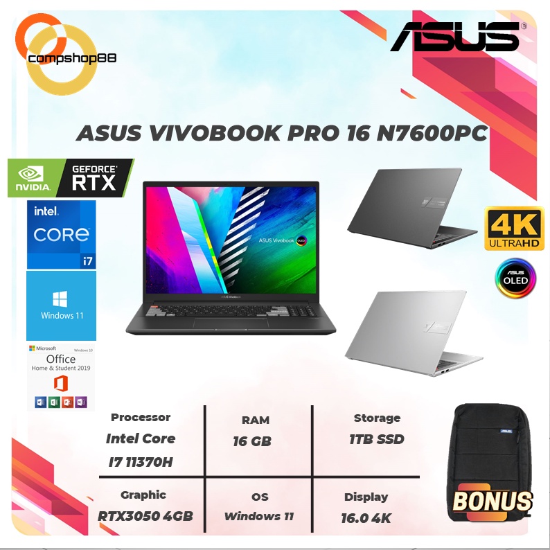 Jual Laptop Asus Vivobook Pro 16 N7600pc I7 11370h 16gb 1tbssd Rtx3050 4gb W11ohs 160 4k Oled 4554