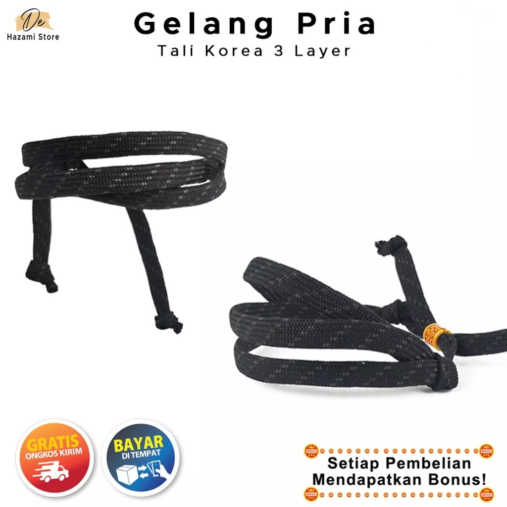 BISA COD Gelang Pria Tali Korea Tumpuk 3 Lapis Hitam Distro Keren Murah