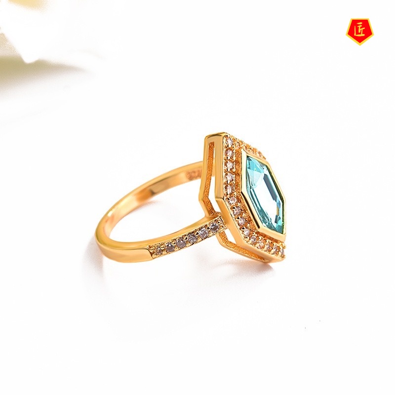 [Ready Stock]Inlaid Special-Shaped Sea Blue Topaz Ring 18K Gold