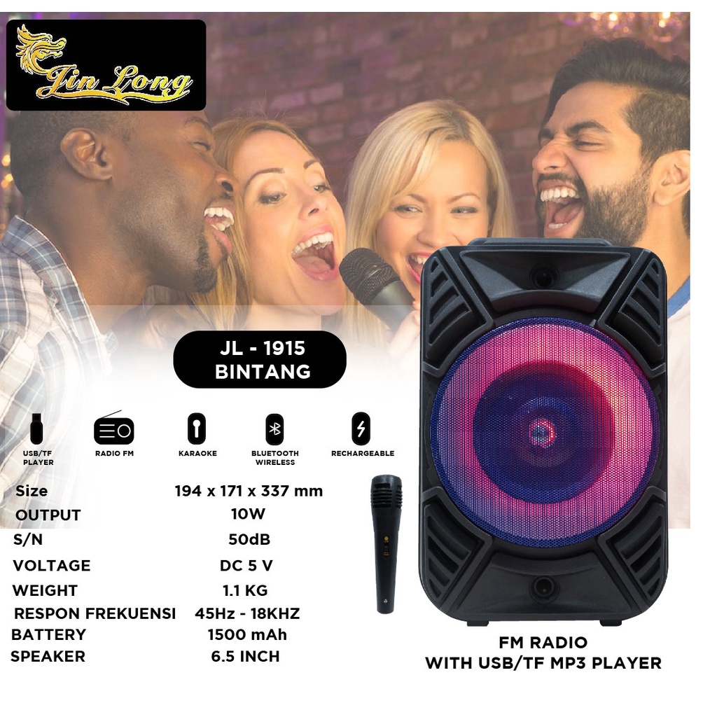 SPEAKER JINLONG ORIGINAL JL 1915 BINTANG SPEAKER BLUETOOTH SPEAKER KARAOKE FREE MIC