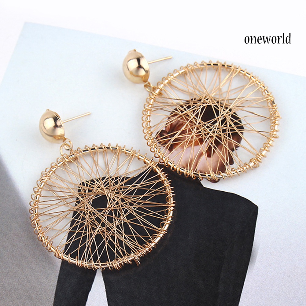 OW@ Women Fashion Geometric Circle Winding Thread Net Dangle Drop Earrings Jewelry