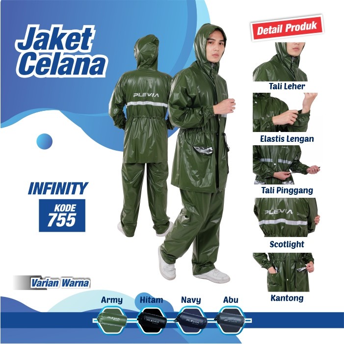 Jas Hujan Setelan Baju Celana Pria Wanita Dewasa Tebal Lentur Awet Imut PVC Press Elastis Anti Rembes PLEVIA INFINITY 755