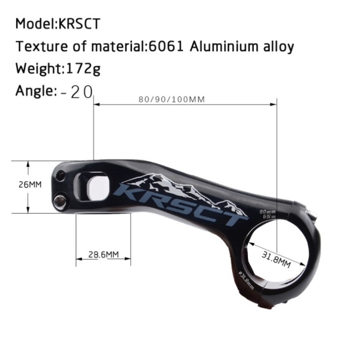 Stem KRSCT Hitam Rainbow 80 dan 100 mm angle 20 derajat 31,8 mm oversize