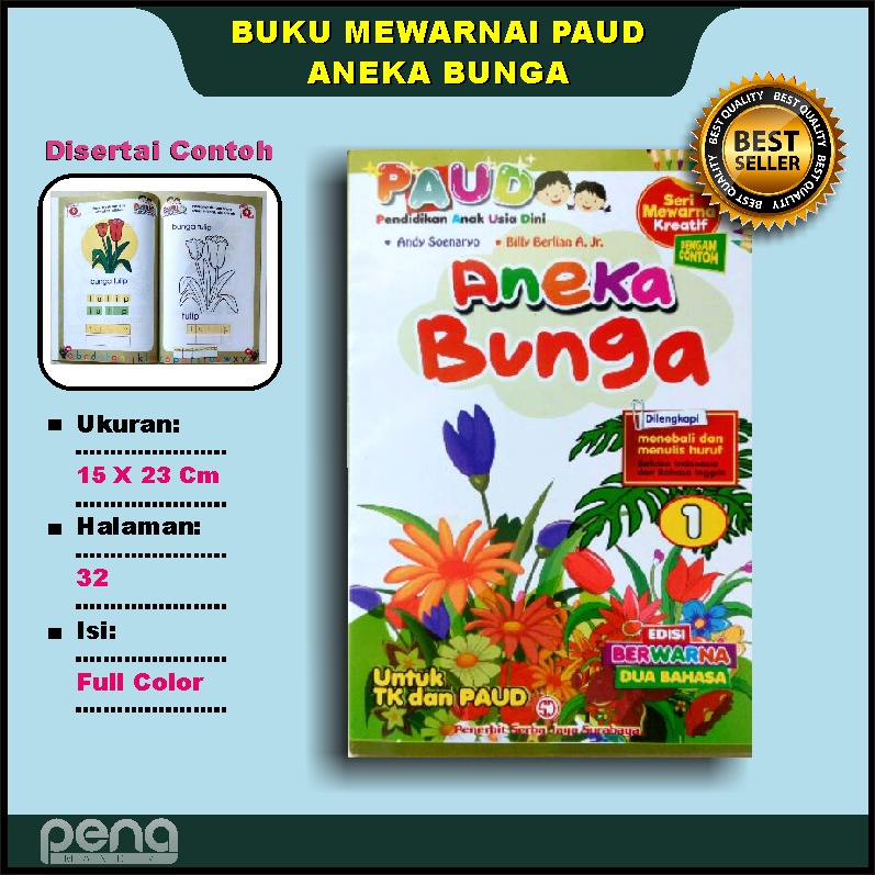 Buku Mewarnai Anak Paud Kreatif Aneka Bunga Menebali dan Menulis Huruf Serba Jaya