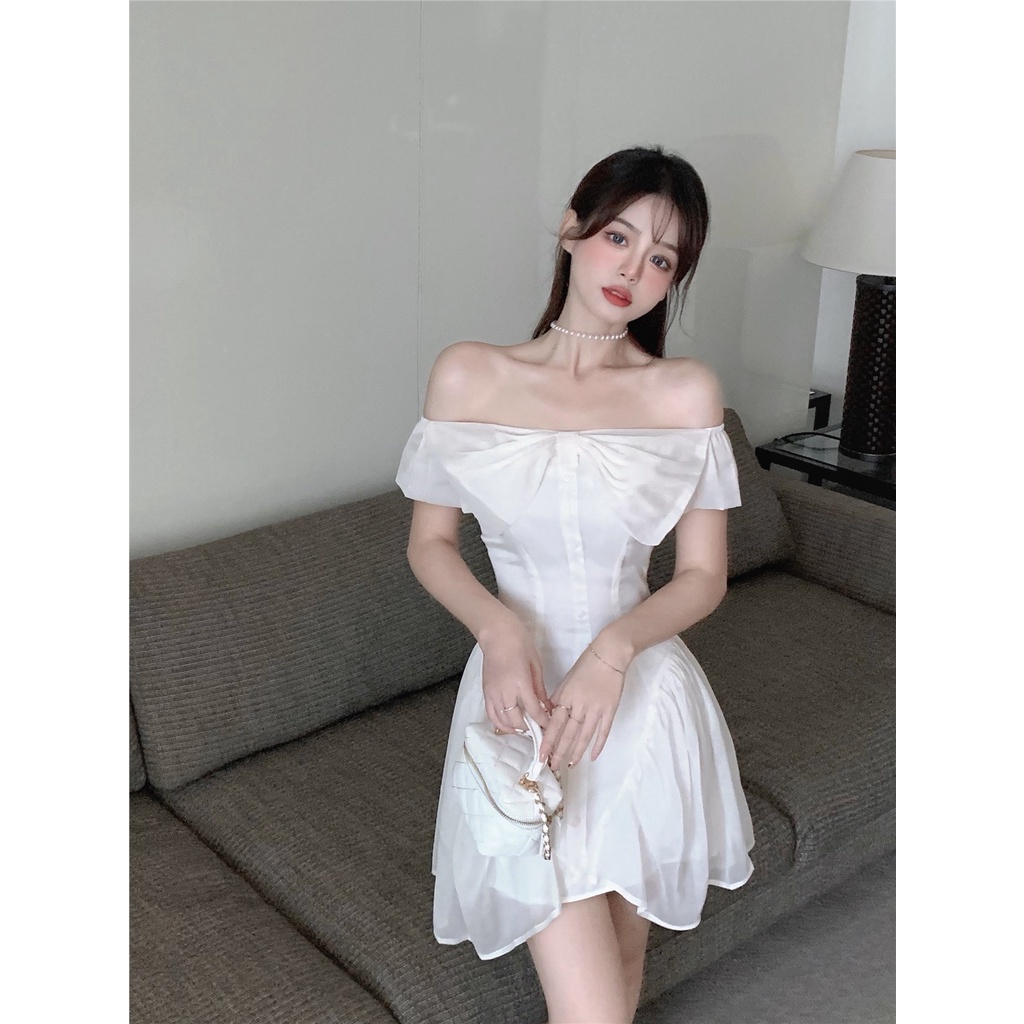 midi dress korea one-shoulder bow dress wanita perancis kecil putih rok pendek a-line