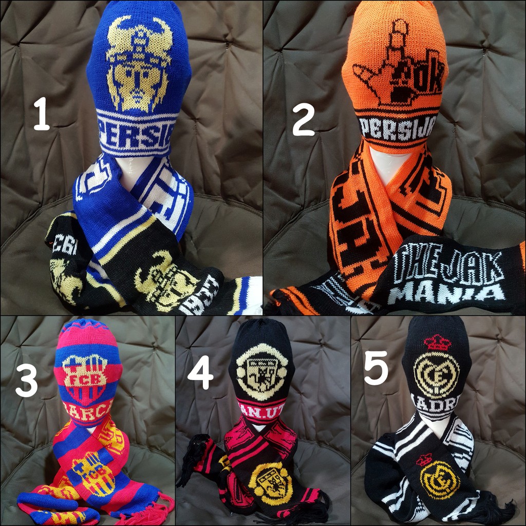 Kupluk bola persib persija barca madrid mu beanie Rajut allsize syal set BEA-BOLA SET