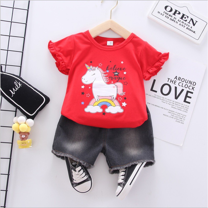 SCR 07 -Setelan kaos dan celana pendek/baju setelan /pakaian anak perempua motif unicorn believe in magic