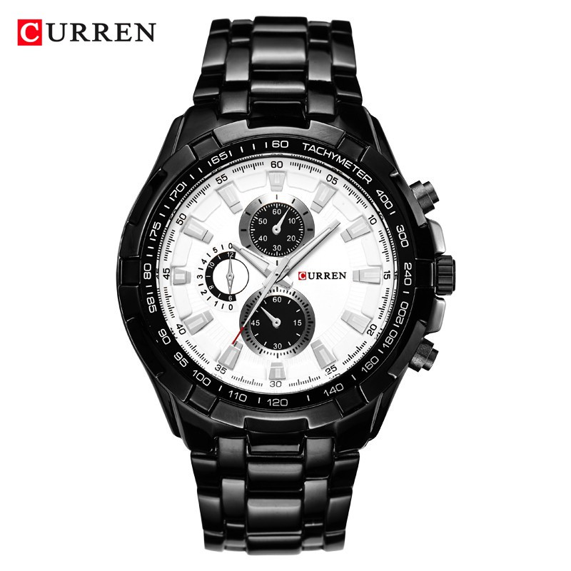CURREN 8023 Jam Tangan Pria Analog Stainless Steel Chronograph Tidak Aktif ALL-TIME CURRENOS-Hitam Putih