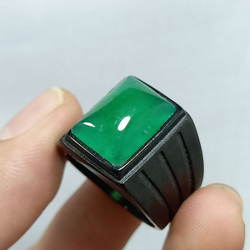 CINCIN PRIA/ COWOK BATU GIOK ASLI NATURAL IKATAN RING TITANIUM CHROME BLACK/ HITAM