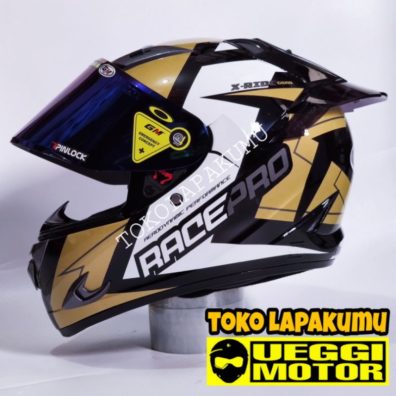 Terbaru Helm Gm Race Pro flat visor - helm fulpace Gm paket ganteng-Whiteblack gold gant