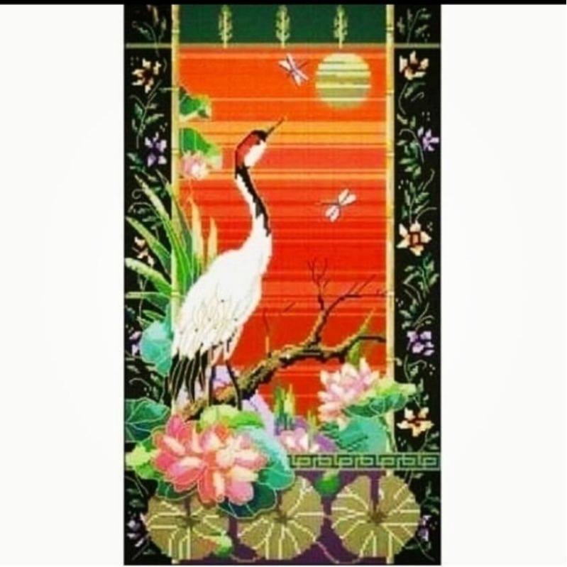 Paket kristik bangau crane oriental teratai lotus hewan sunset pola kain full cross stitch 14ct embr