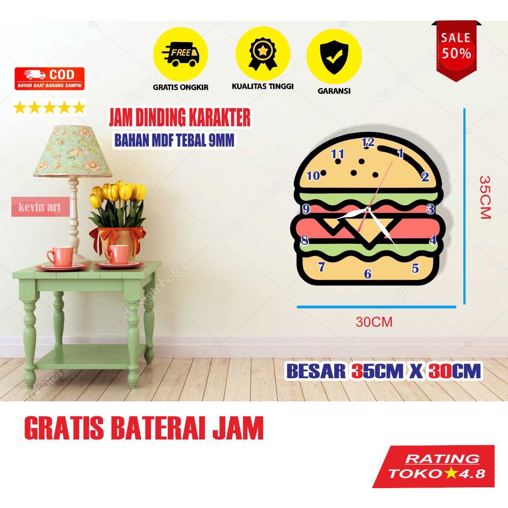 JAM DINDING KAYU UNIK KARAKTER ANAK GAMBAR BURGER ANIMASI KARTUN LUCU MINIMALIS MURAH TEMPEL TEMBOK CUSTOM BESAR ARTISTIK MODERN MEWAH DEKORASI DINDING HIASAN DINGDING KAMAR TIDUR ANAK TERLARIS