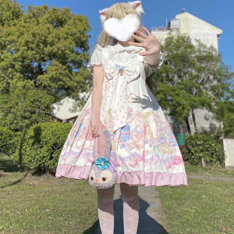 [MikanHiro Store] Lolita Japanese celebrity party princess dress spring and summer cute love bear rabbit jsk suspender skirt Oversized