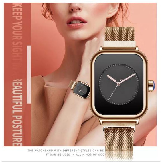 jam tangan wanita pria Rebirth fashion casual sport mesh band waterproof jam tangan RE096-RoseBlack-