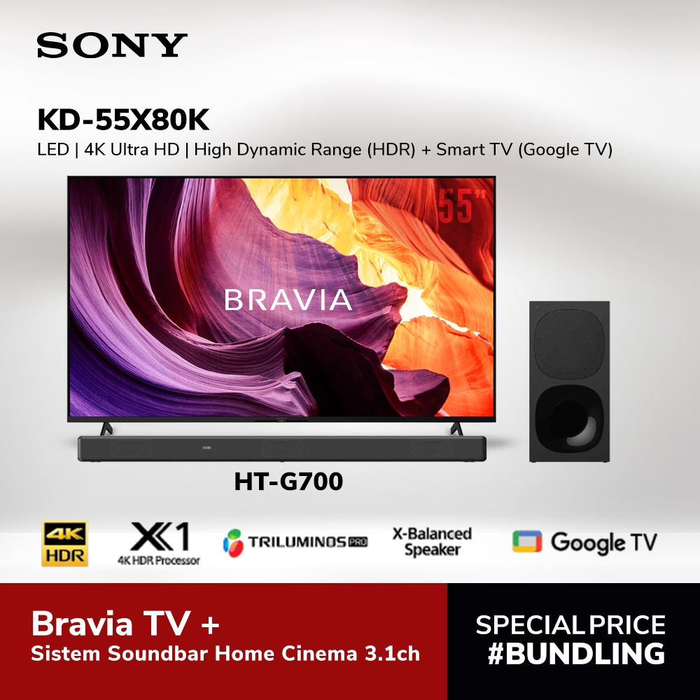 Jual Sony Bundling Bravia LED X80K & Soundbar 3.1ch Dolby Atmos HTG700