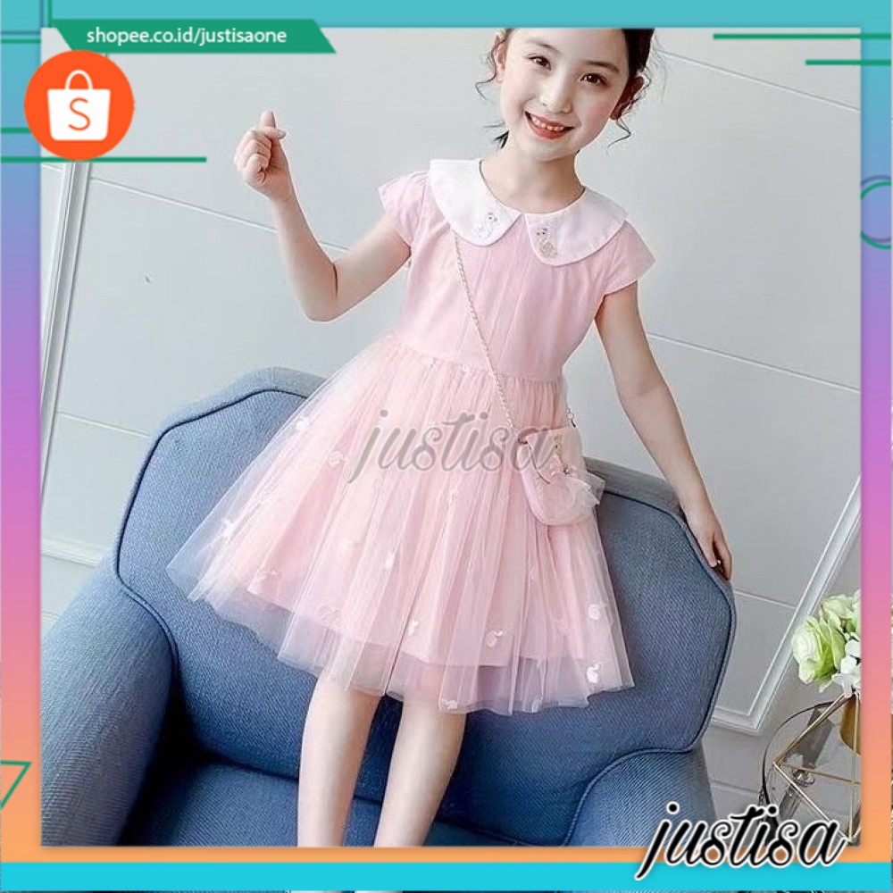 Promo !! Dress anak cewek dress two pompom many swan tutu import uk 3-5thn uk 120,130,140 (kuning,pink)