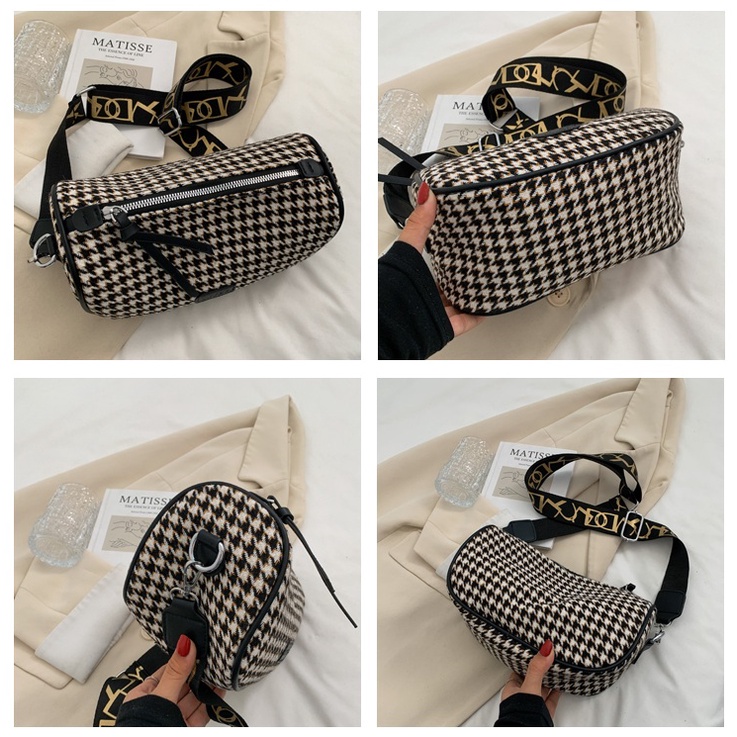 BJ81922 - BLACK/BROWN - TAS SLEMPANG MOTIF KOTAK DUFFELL BAG HOUNDSTOOTH WANITA FASHION IMPORT MODIS ELEGAN TERMURAH TERLARIS TERBARU BAGSTORE JAKARTA TAS BATAM GT1922 BQ3483
