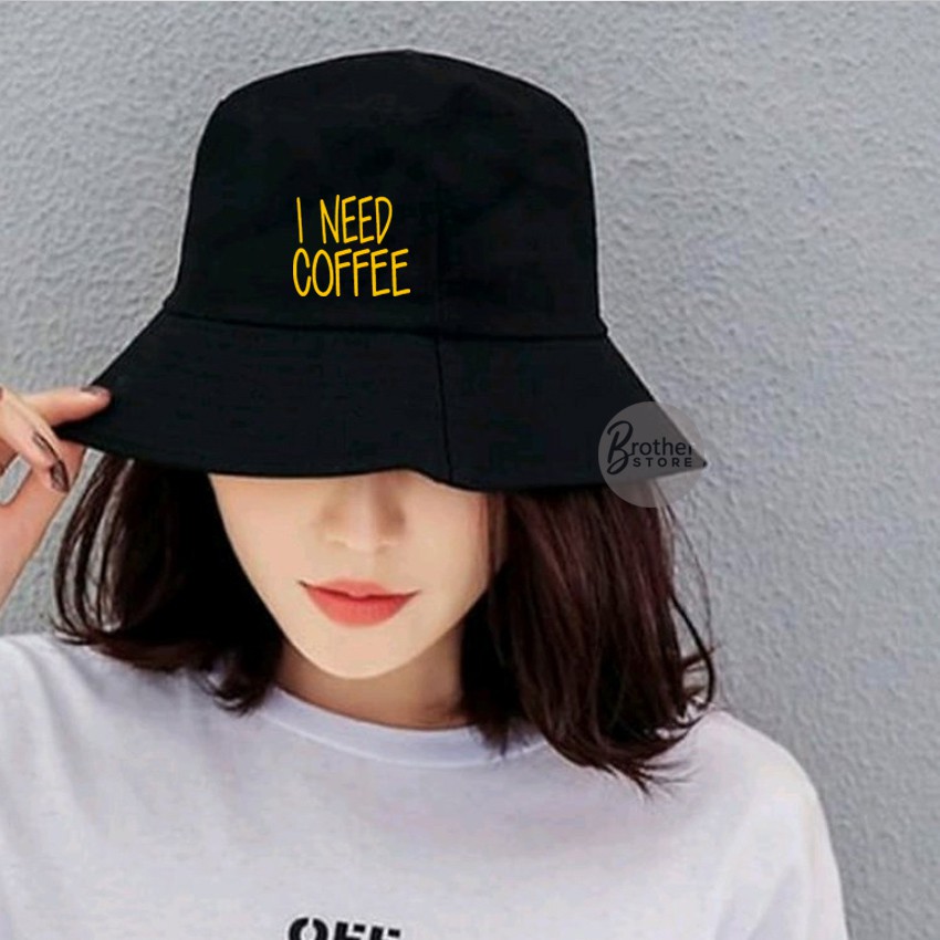 Topi Bucket - Topi Gunung - Logo I Need Coffe Text Kuning