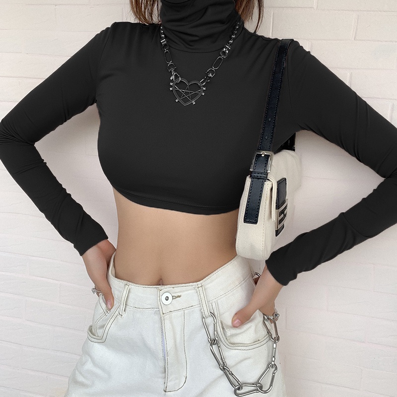 #Sisjuly# Gaya Ulzzang Sehari-hari High-neck Cropped T-shirt Wanita Slim Lengan Panjang Kemeja Botto