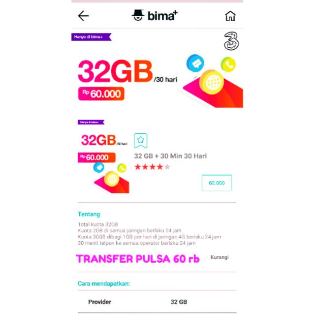 Transfer Pulsa Three 60rb Paket Three 32 Gb Rp57500 Hrp Bc Diskripsi Transfer Pulsa Three 50k 100k Shopee Indonesia