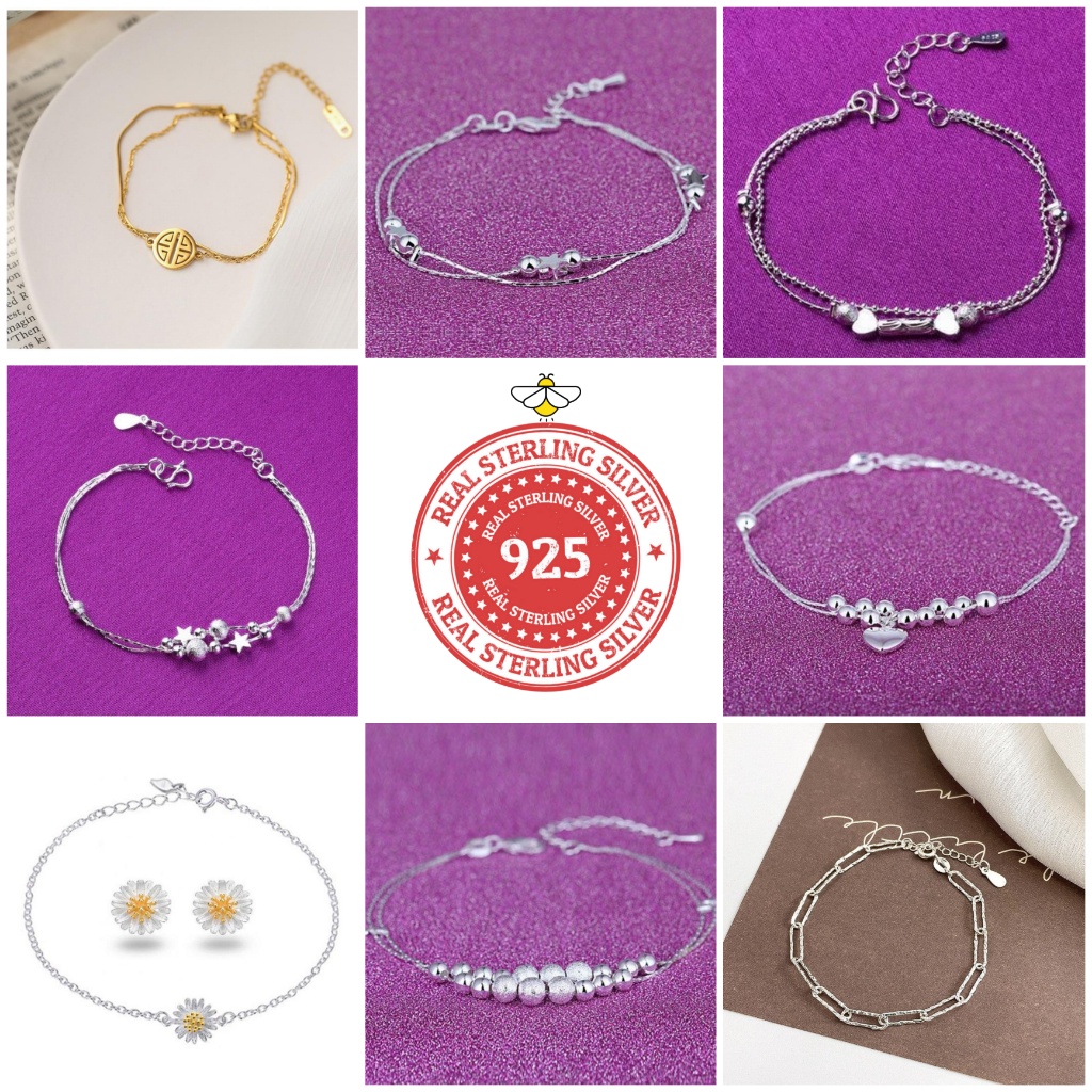 Gelang Rantai Perak 925 Sterling Silver Liontin Bunga Daisy Hati Lonceng Gelang Tangan Titanium Anti Karat &amp; Anti Alergi