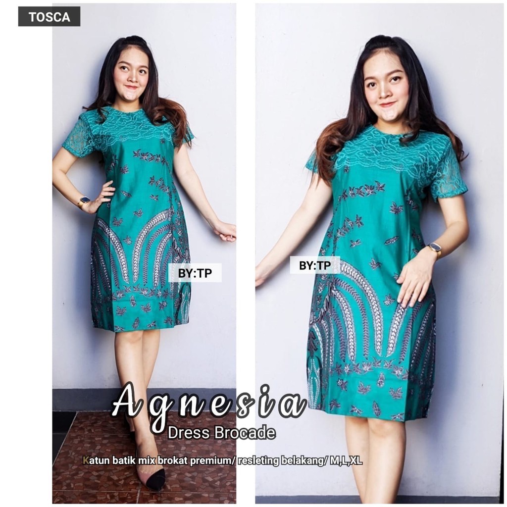 Agnesia Dress Brocade Brokat Batik Brukat Broklat Warna Midi Pesta Kondangan Baru Cantik Seragam