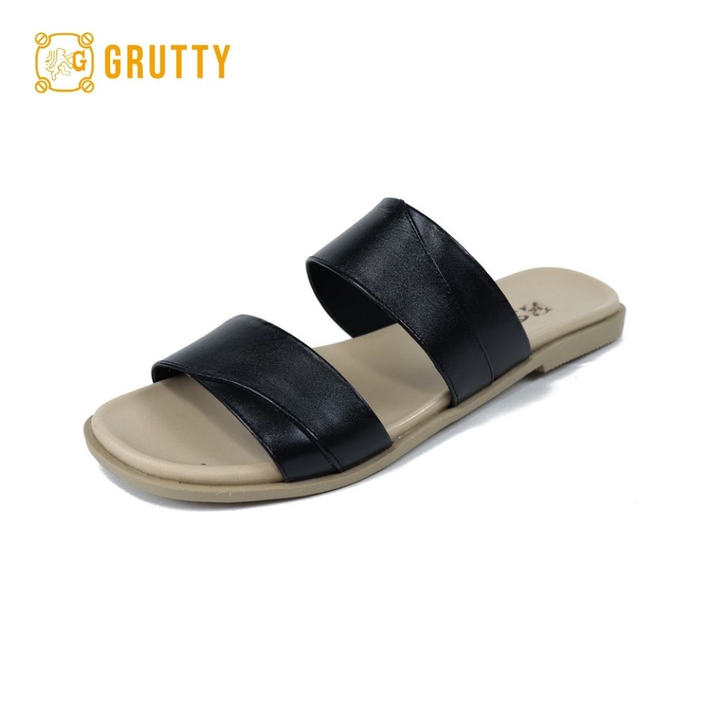 Sandal Wanita Kulit Slide Sandal Flat Grutty DD122 Hitam Tan