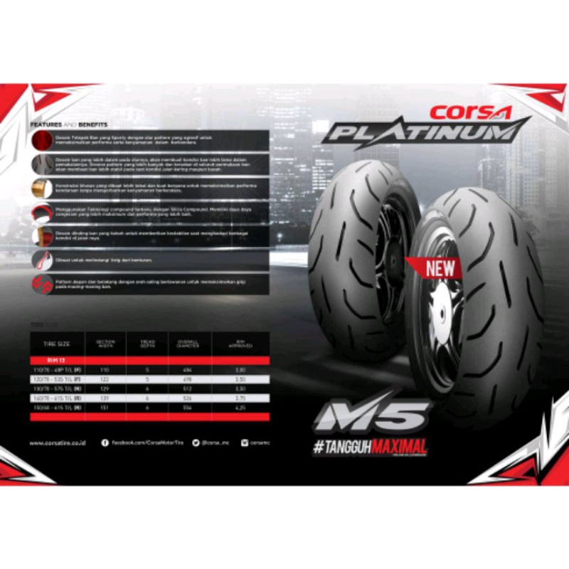 BAN CORSA PLATINUM M5  [110/70,120/70,130/70,140/70] RING 13 TUBELESS PILIH VARIAN