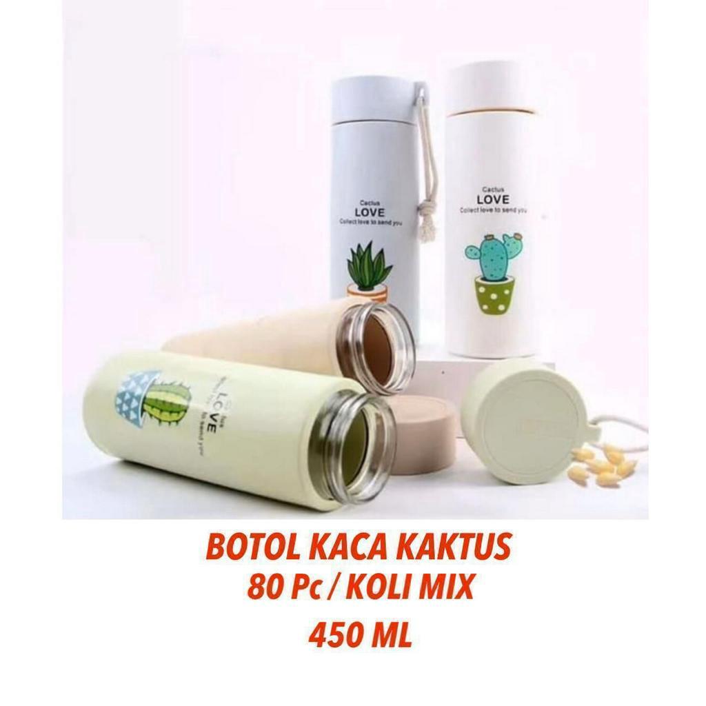 Botol minum Kaca Thermos Botol Minum Unik Motif Kaktus 450ml Tumbler Termos Souvenier Ulang Tahun Pernikahan / Botol Minum anak Model Lucu