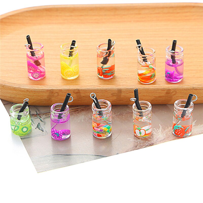 Charms Bubble Tea Fruit Juice Cup Bottle Pendant for Jewelry DIY Earrings Necklace Key Chain Making 18x10mm 6Pcs