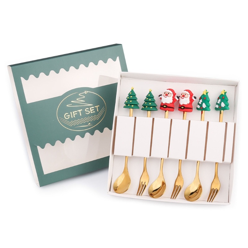 6pcs / set Sendok Garpu Bahan Stainless Steel Dengan Liontin Santa Claus Untuk Pohon Natal