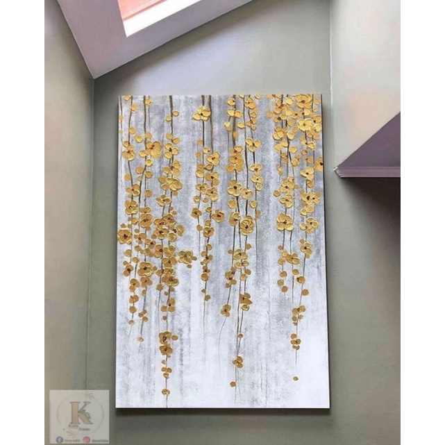 hiasan dinding aesthetic lukisan bunga timbul gold