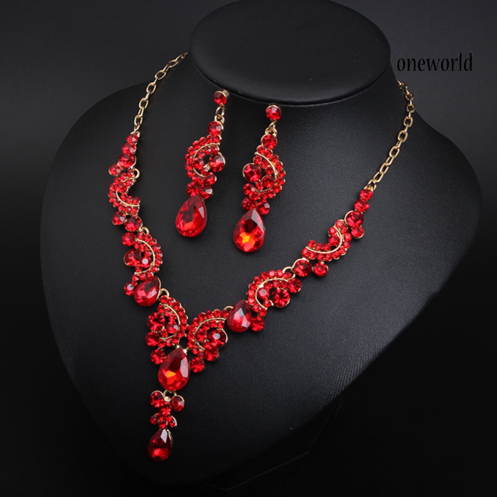 OW@ Luxury Women Rhinestone Pendant Chain Necklace Stud Earrings Wedding Jewelry Set