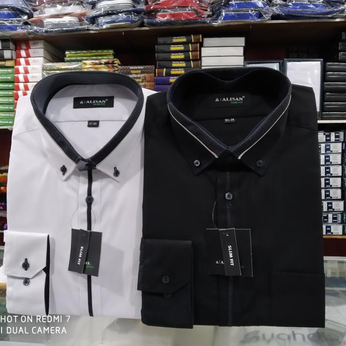 kemeja alisan slimfit ukuran jumbo warna hitam dan putih - Putih, 17,5