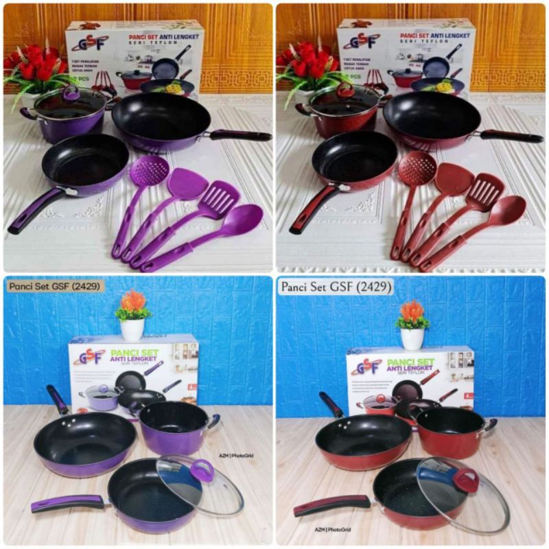 Panci Set Warna Merah Ungu GSF Teflon Tutup Kaca Series G-2429