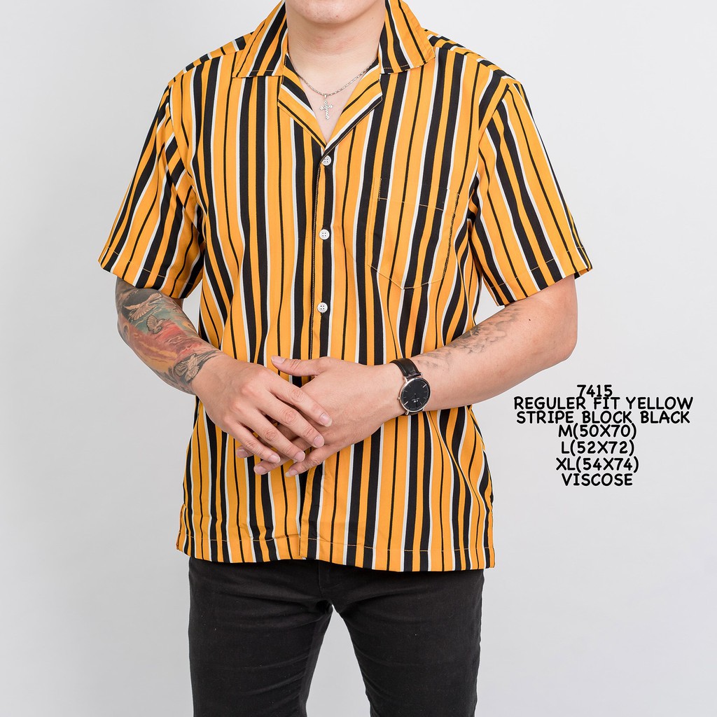 Credo Promo 7415 Kemeja Pria Lengan Pendek Kuning Hitam Stripes Salur murah