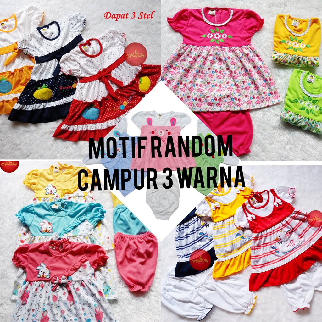 3 Stel Baju Bayi Perempuan Setelan Dress MOTIF RANDOM / Dress baby 3-18 bulan Newborn dress baby