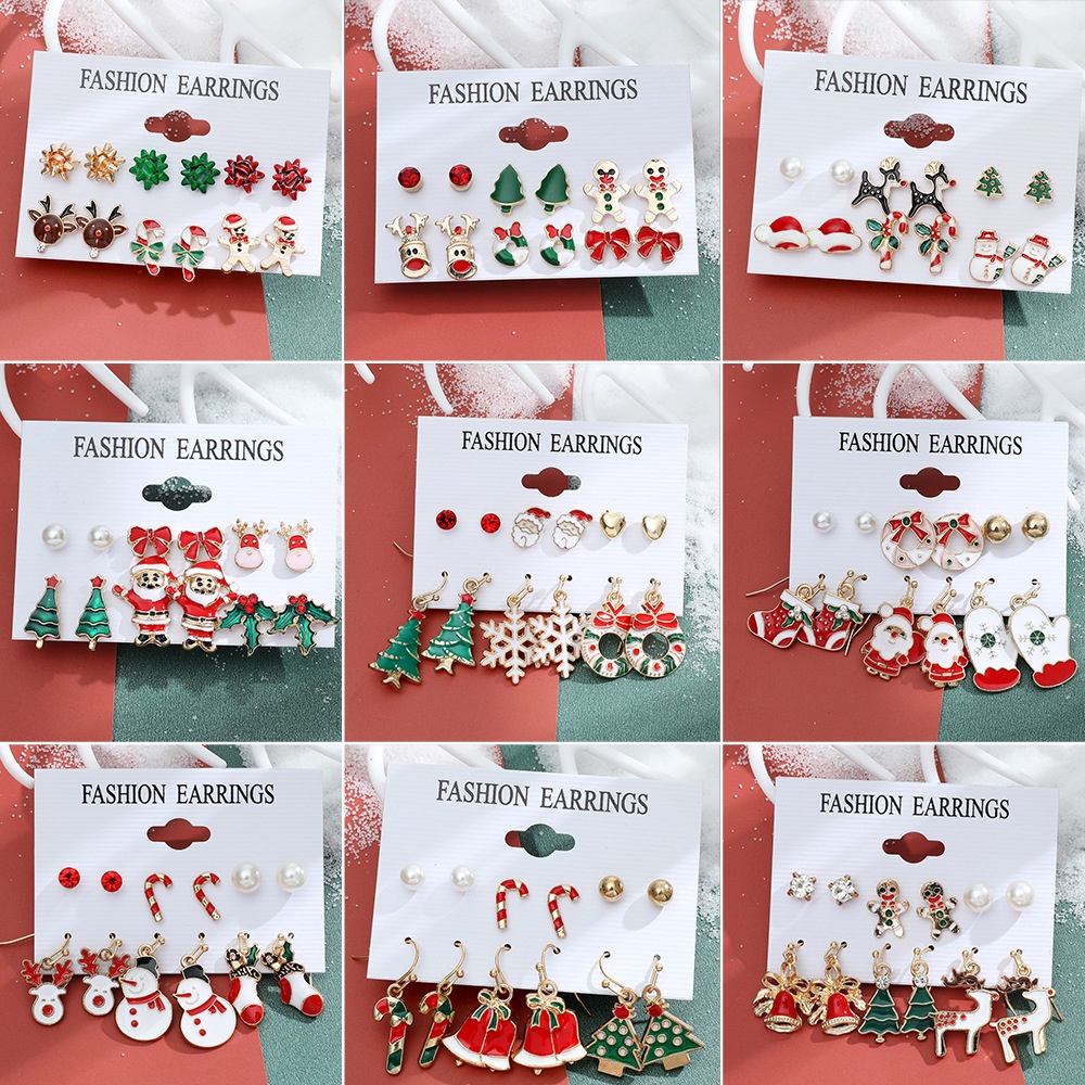 Kartun Menetes Minyak Natal Anting-Anting Set Wanita Anak Natal Aksesoris Seri Kepingan Salju Bell Anting-Anting Set