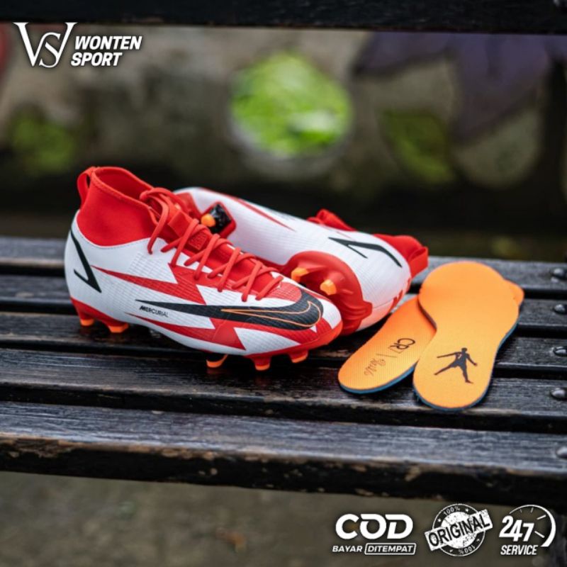 Sepatu Bola NIKE SUPERFLY 8 ACADEMY Cr7 JR FG - White Red Chrimson Original