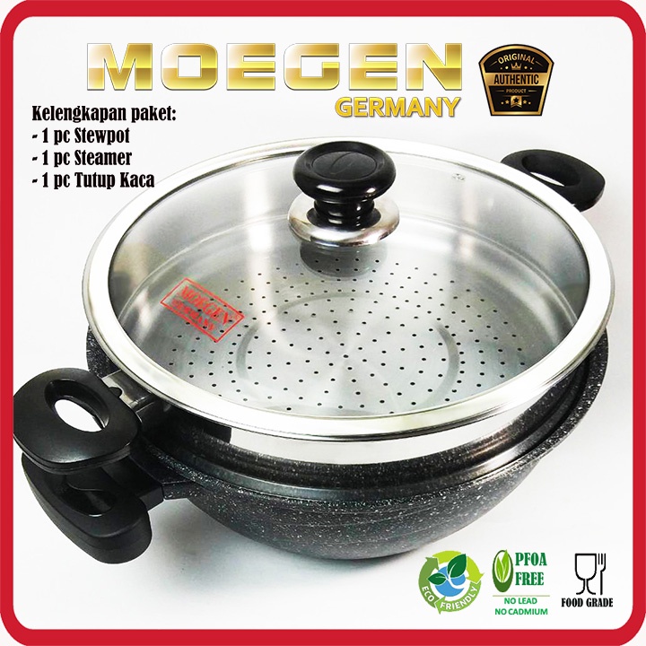 MOEGEN GERMANY STEWPOT 32CM GRANITE ORANGE ANTI LENGKET ORIGINAL PLUS STEAMER